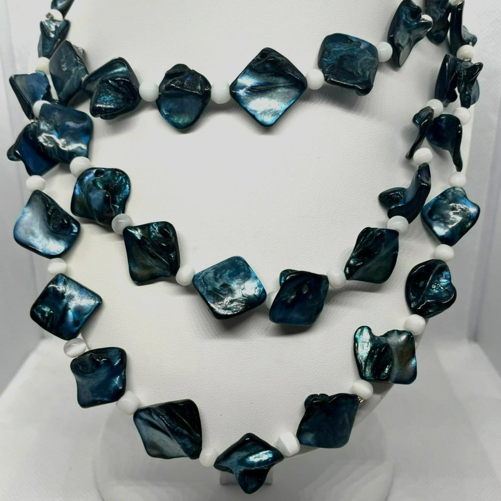 Teng Yue Fresh Water Pearls‎ Blue Mother of Pearl 3 Layer Silver Tone Necklace